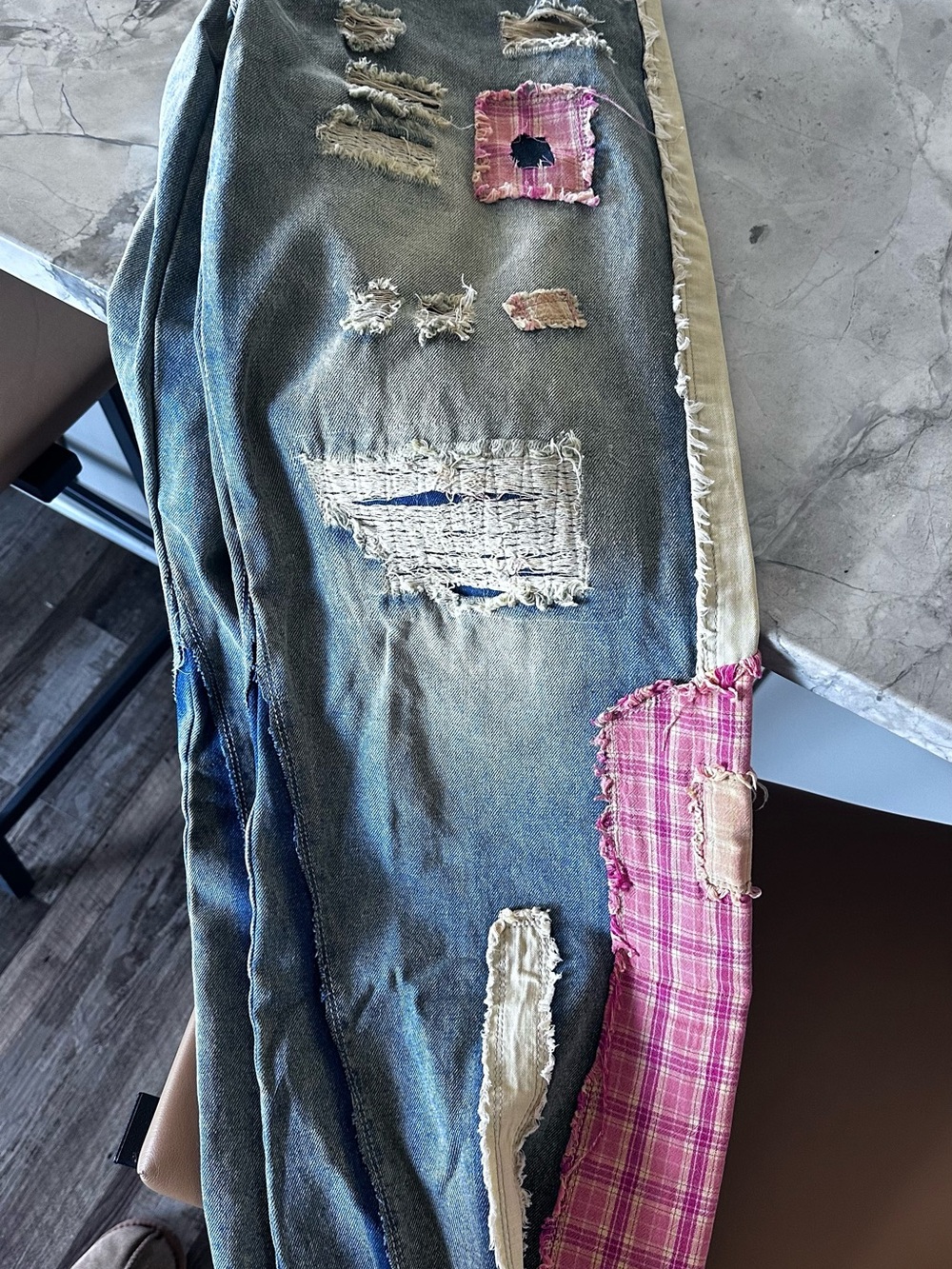 Distressed Patchwork Women's Jeans in Denim Blue with Pink Accents - Picture 3 of 5